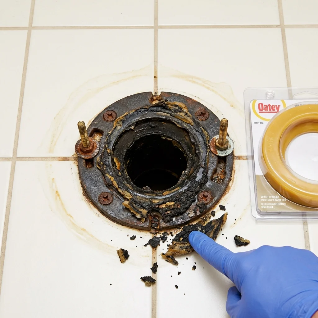 Failed wax ring showing water seepage at the base of a toilet in a Warsaw, NC home