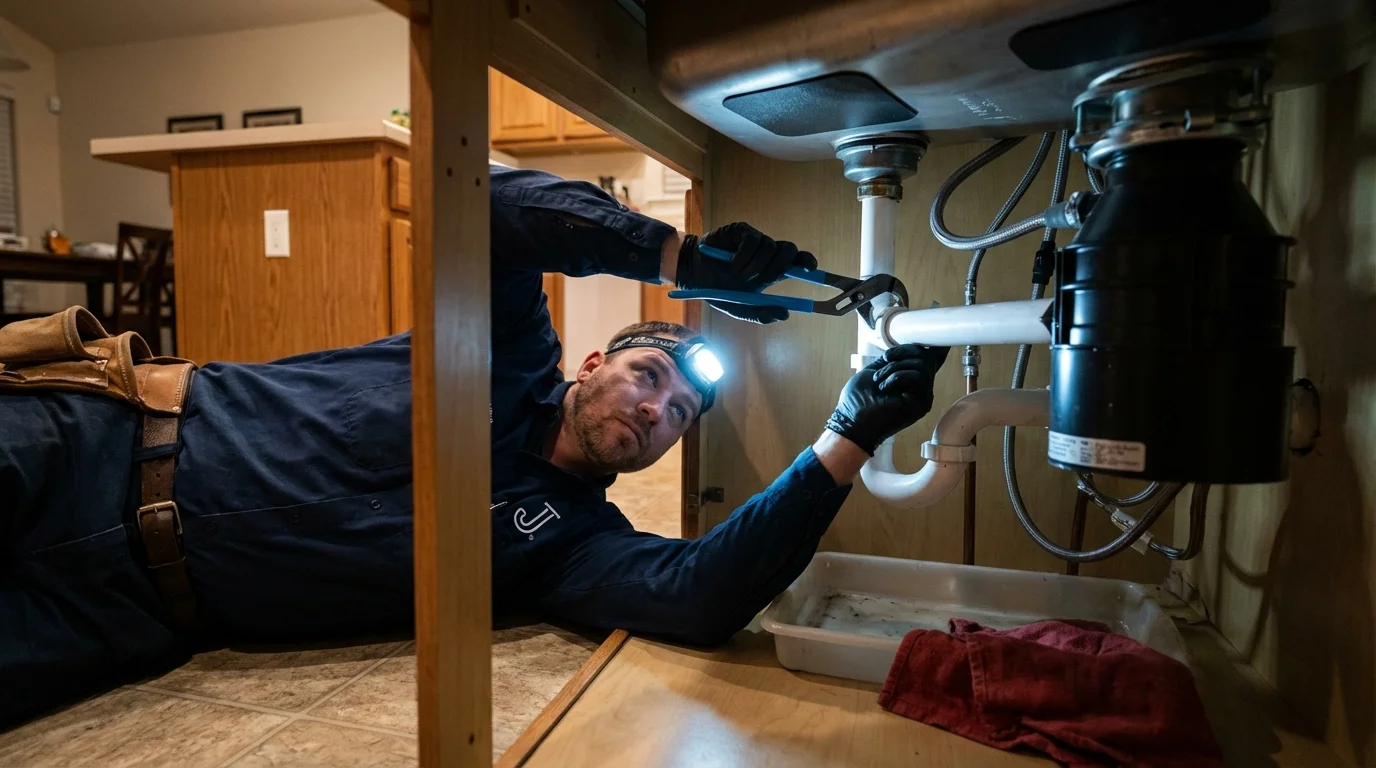P-trap and supply line connections under a kitchen sink showing a common leak point in Warsaw, NC